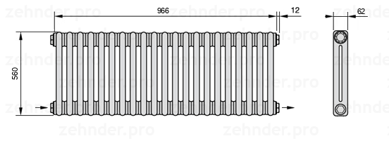 Схема (чертеж) Радиатор Zehnder Charleston 2056/21 №2670 Белый глянцевый RAL 9016